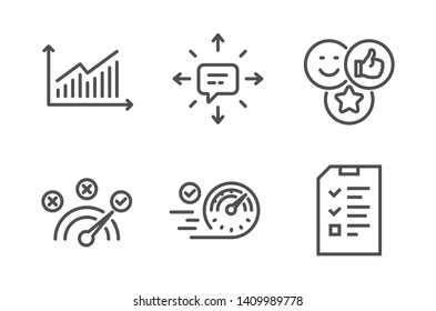 Sms, Correct answer and Graph icons simple set. Like, Speedometer and Interview signs. Conversation, Speed symbol. Technology set. Line sms icon. Editable stroke. Vector