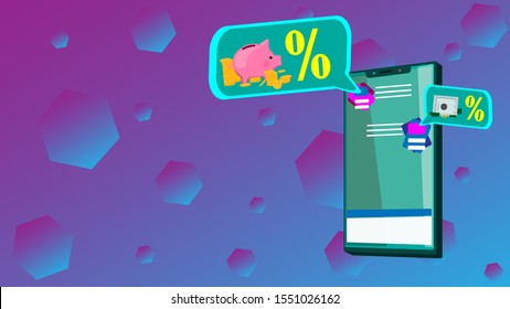 SMS correspondence about the bank. Interest in banks, on the piggy bank. Financial investments. The background is blue - purple. 
