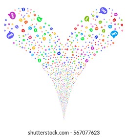 SMS fireworks stream. Vector illustration style is flat bright multicolored iconic symbols on a white background. Object double fountain combined from random pictograms.