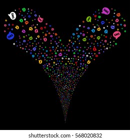 SMS fireworks stream. Vector illustration style is flat bright multicolored iconic symbols on a black background. Object double fountain constructed from random symbols.