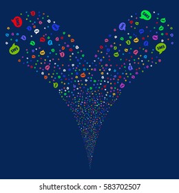 SMS fireworks stream. Vector illustration style is flat bright multicolored iconic symbols on a blue background. Object double fountain made from random design elements.
