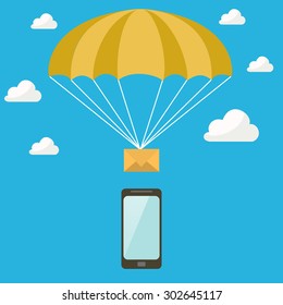 SMS goes down on a parachute from the sky into the phone