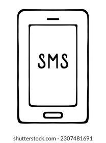 SMS ist da. Markieren Sie das Nachrichtensymbol auf dem Smartphone-Bildschirm. Skizze. Elektronische Folgemaßnahmen. Vektorgrafik. Doodle-Stil. Umriss auf isoliertem Hintergrund. 