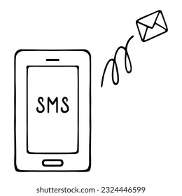 SMS has arrived. Light up message icon on smartphone screen. Sketch. The envelope flies in a spiral. Vector illustration. Doodle style. Outline on isolated background. Coloring book for children. 