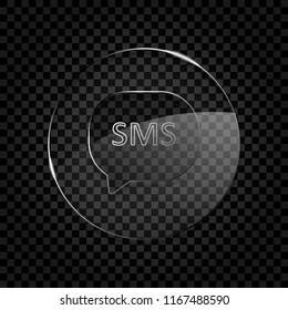 sms icon. Icon in circle glass bubble on dark transparent grid. Glass style