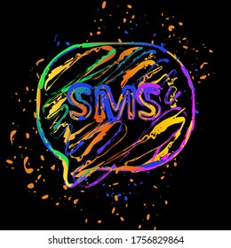 sms icon. Colored ink with splashes on black background