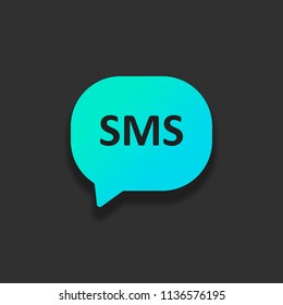 sms icon. Colorful logo concept with soft shadow on dark background. Icon color of azure ocean