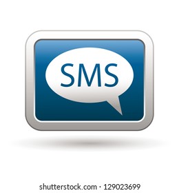 SMS icon on the blue with silver rectangular button. Vector illustration