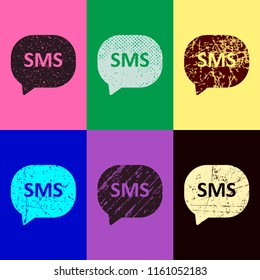 sms icon. Pop art style. Scratched icons on 6 colour backgrounds. Seamless pattern