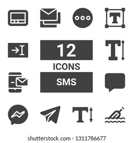 sms icon set. Collection of 12 filled sms icons included Message, Text, Telegram, Messenger, Messages, Pager