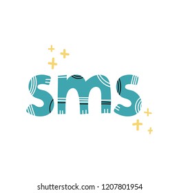 SMS illustration with text. Hand drawn vector isolated on white background
