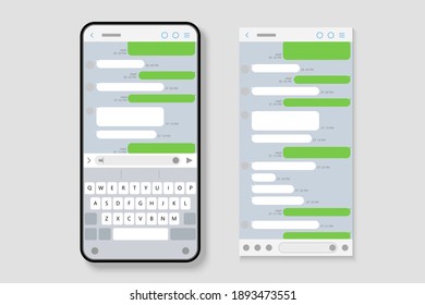 SMS interface mockup on smartphone with speech bubbles and keyboard