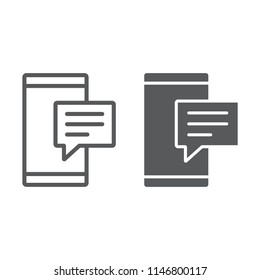 Sms line and glyph icon, smartphone and message, contact sign, vector graphics, a linear pattern on a white background, eps 10.