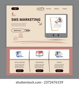 Sms marketing flat landing page website template. Article writing, web banner, website. Web banner with header, content and footer. Vector illustration.