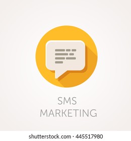 SMS Marketing Icon. Flat Design Style With Long Shadow. Mobile Marketing, Sms Delivery, Message Or E-mail Icon. White Speech Bubble With Text. App Icon