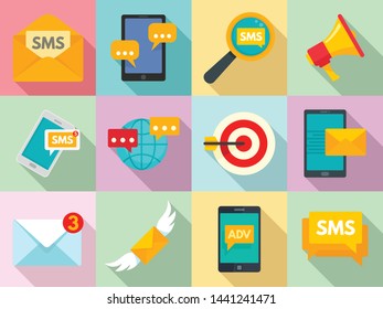 Sms marketing icons set. Flat set of sms marketing vector icons for web design