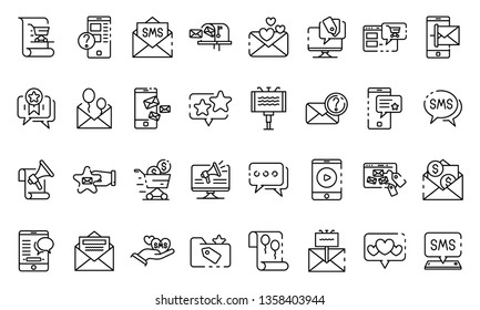 Sms marketing icons set. Outline set of sms marketing vector icons for web design isolated on white background