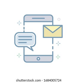 Ilustración del vector de marketing de Sms. Icono relleno del esquema de marketing digital e Internet.