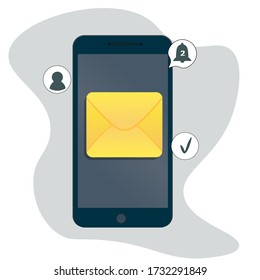 El mensaje SMS llega en un teléfono móvil, mensajes, notificación de una campana, notificación de la llegada de una carta electrónica. Imagen del vector

