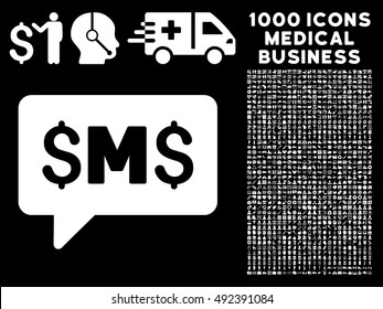 SMS Message icon with 1000 medical commerce white vector pictographs. Design style is flat symbols, black background.