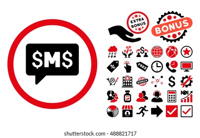 SMS Message icon with bonus images. Vector illustration style is flat iconic bicolor symbols, intensive red and black colors, white background.