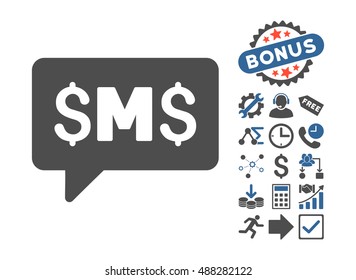 SMS Message icon with bonus icon set. Vector illustration style is flat iconic bicolor symbols, cobalt and gray colors, white background.