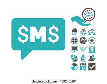 SMS Message icon with bonus symbols. Vector illustration style is flat iconic bicolor symbols, grey and cyan colors, white background.