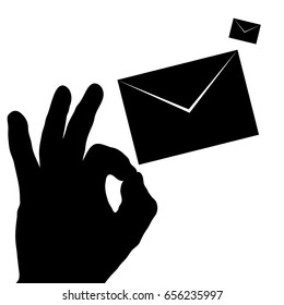 SMS message. Pismo sent. Silhouette of a hand. OK . Okay. All is well . Vector illustration.