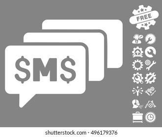 SMS Messages icon with bonus tools pictures. Vector illustration style is flat iconic symbols, white color, gray background.