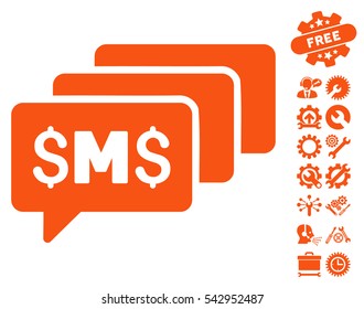 SMS Messages icon with bonus tools pictures. Vector illustration style is flat iconic symbols, orange color, white background.