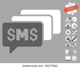 SMS Messages icon with bonus tools clip art. Vector illustration style is flat iconic bicolor symbols, dark gray and white colors, silver background.