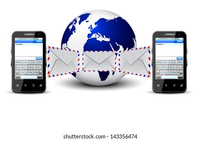 Sms messages, mobile phone and earth. SMS voting. 3d
