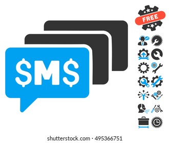 SMS Messages pictograph with bonus tools pictogram. Vector illustration style is flat iconic bicolor symbols, blue and gray colors, white background.