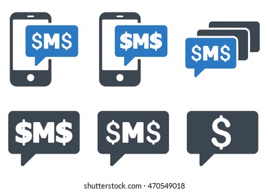 SMS Messages vector icons. Icon style is bicolor smooth blue flat symbols with rounded angles on a white background.