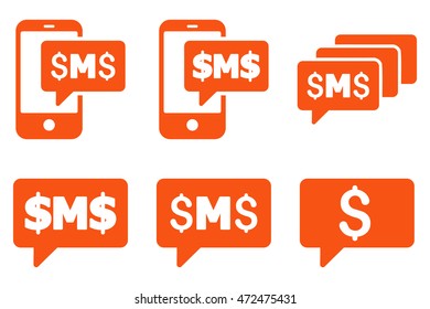 SMS Messages vector icons. Pictogram style is orange flat icons with rounded angles on a white background.