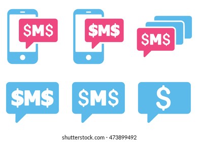 SMS Messages vector icons. Pictogram style is bicolor pink and blue flat icons with rounded angles on a white background.