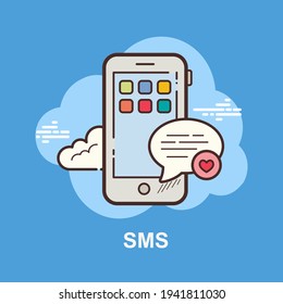 SMS de móvil con mensaje de chat sobre fondo azul diseño de concepto plano