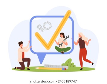 SMS notification, confirmation in popup messages. Tiny people holding speech bubble with check mark, tick symbol of chat message seen, read or confirmed, done task cartoon vector illustration