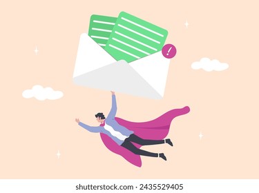 Notificación por SMS, correo electrónico llegado en el correo. Hombre de negocios superhéroe volando con sobre y carta. Campaña de marketing, suscripción, envío de documentos.