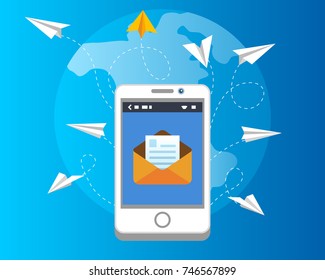 Sms paper airplanes flying around the world. Mobil sends letters. Email vector illustration