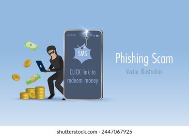 SMS phishing scam, cyber attack and digital crime. Hacker online send SMS fraud link to steal money from mobile user. Vector created from graphic software.