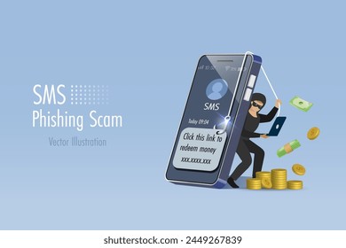 SMS phishing scam, cyber attack and digital crime. Hacker online send SMS fraud link to steal money from mobile user. Vector.