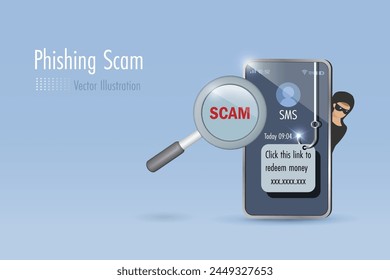 SMS phishing scam, cyber attack and digital crime. Magnifying glass detect phishing scam on SMS fraud link. Online crime steal money from mobile user. Vector.