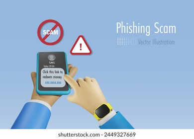 SMS phishing scam, cyber attack and digital crime. Businessman hand holing smartphone with SMS fraud link to steal money from mobile user. Vector.