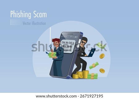 SMS phishing scam, cyber attack and digital crime. Hacker online phishing scam on SMS fraud link. Online crime steal money from mobile user. Vector.