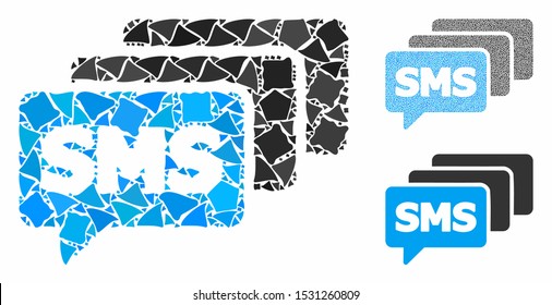 SMS queue composition of raggy items in variable sizes and shades, based on SMS queue icon. Vector raggy dots are grouped into collage. SMS queue icons collage with dotted pattern.