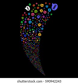 SMS random fireworks stream. Vector illustration style is flat bright multicolored iconic symbols on a black background. Object fountain done from scattered pictograms.