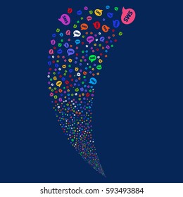 SMS random fireworks stream. Vector illustration style is flat bright multicolored iconic symbols on a blue background. Object fountain organized from scattered pictographs.