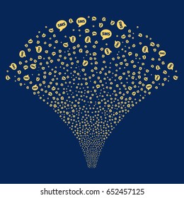 SMS salute stream. Vector illustration style is flat yellow iconic symbols on a blue background. Object fireworks fountain combined from random pictograms.