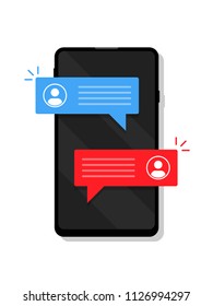 Sms speech bubbles on mobile phone screen, chat messages notification on smartphone vector line illustration 